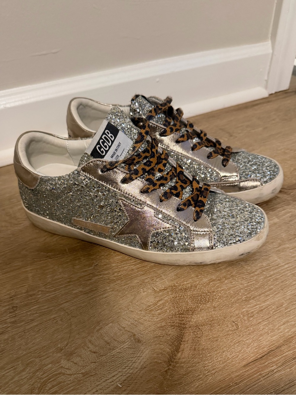 Golden Goose Silver Glitter Sneakers with Leopard Laces